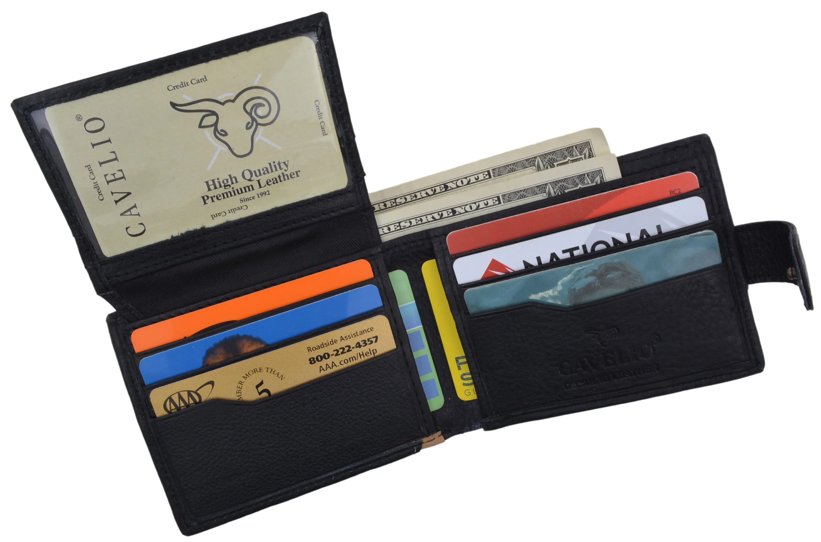 Black Bifold Mens Genuine Leather Credit Card ID Wallet with Snap Closure