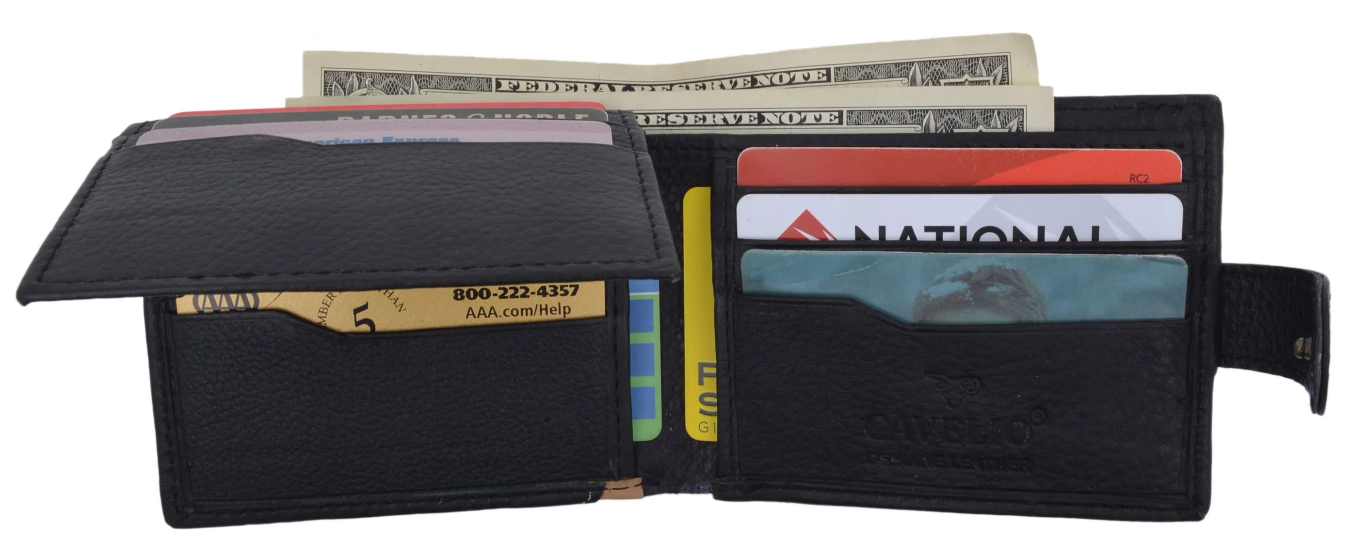 Black Bifold Mens Genuine Leather Credit Card ID Wallet with Snap Closure