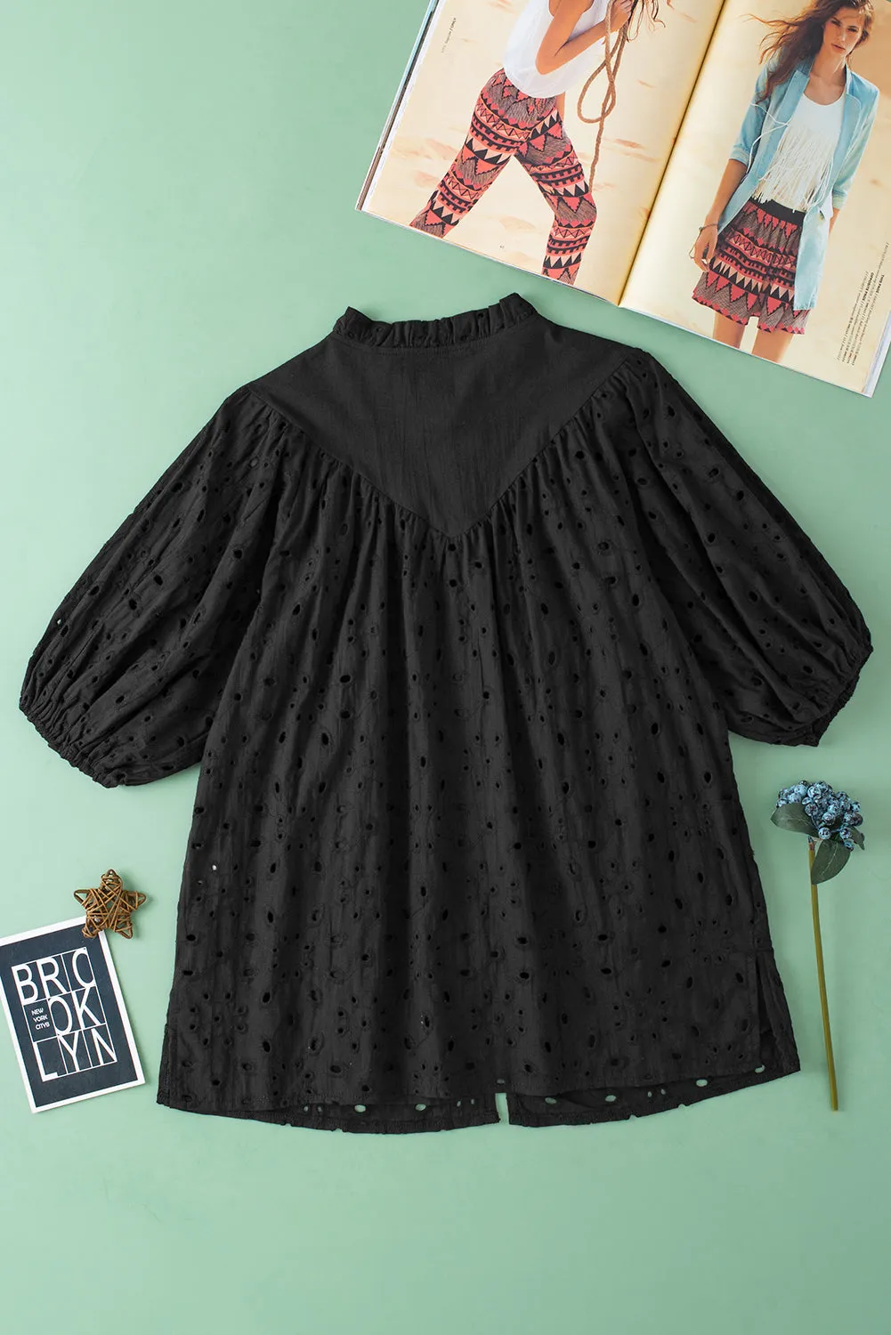 Black Flower Embroidered Hollow-out Puff Sleeve Blouse