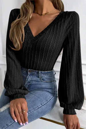 Black Knitted Jacquard V Neck Lantern Sleeve Top