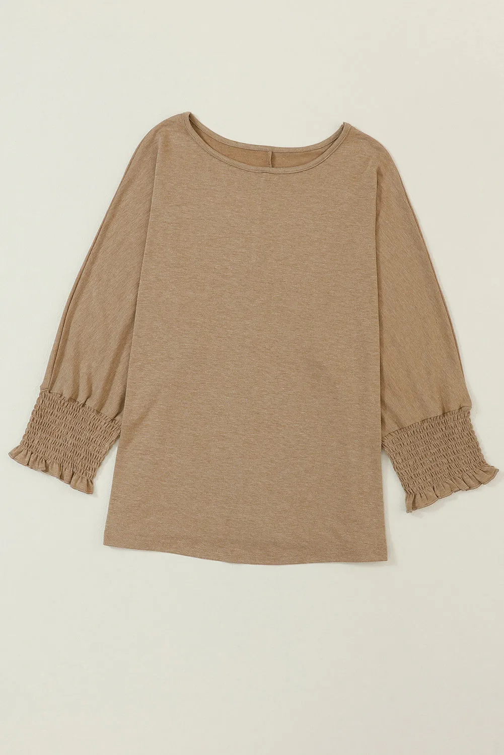 Black Plain Smocked 3/4 Sleeve Casual Loose T Shirt