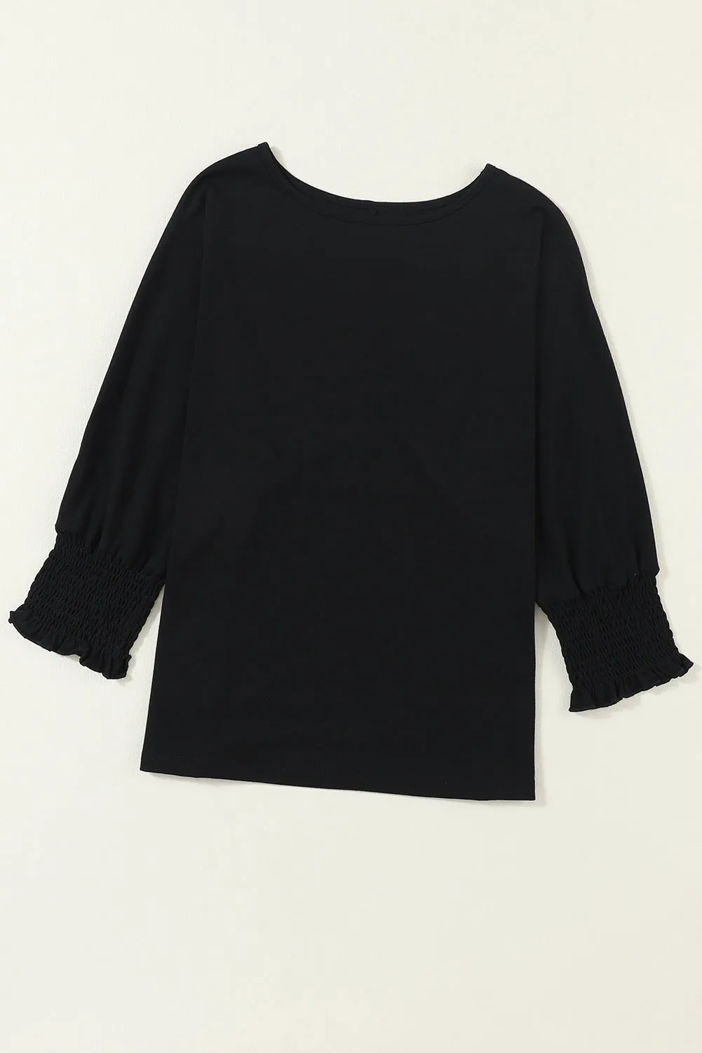 Black Plain Smocked 3/4 Sleeve Casual Loose T Shirt