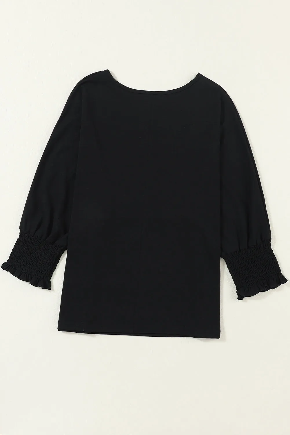 Black Plain Smocked 3/4 Sleeve Casual Loose T Shirt