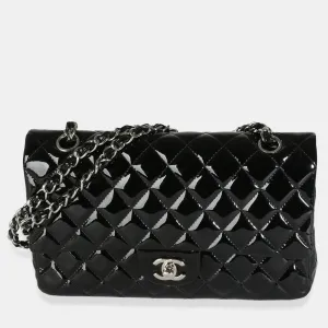 Black Quilted Patent Medium Classic Double Flap Bag