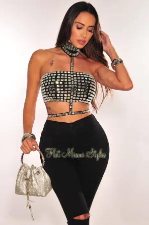 Black Rhinestone Halter Strappy Crop Top