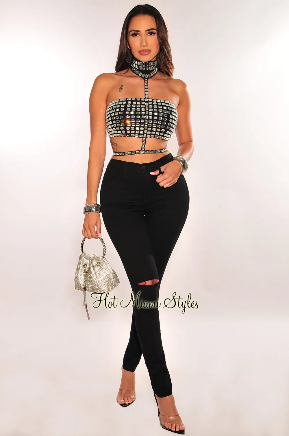 Black Rhinestone Halter Strappy Crop Top