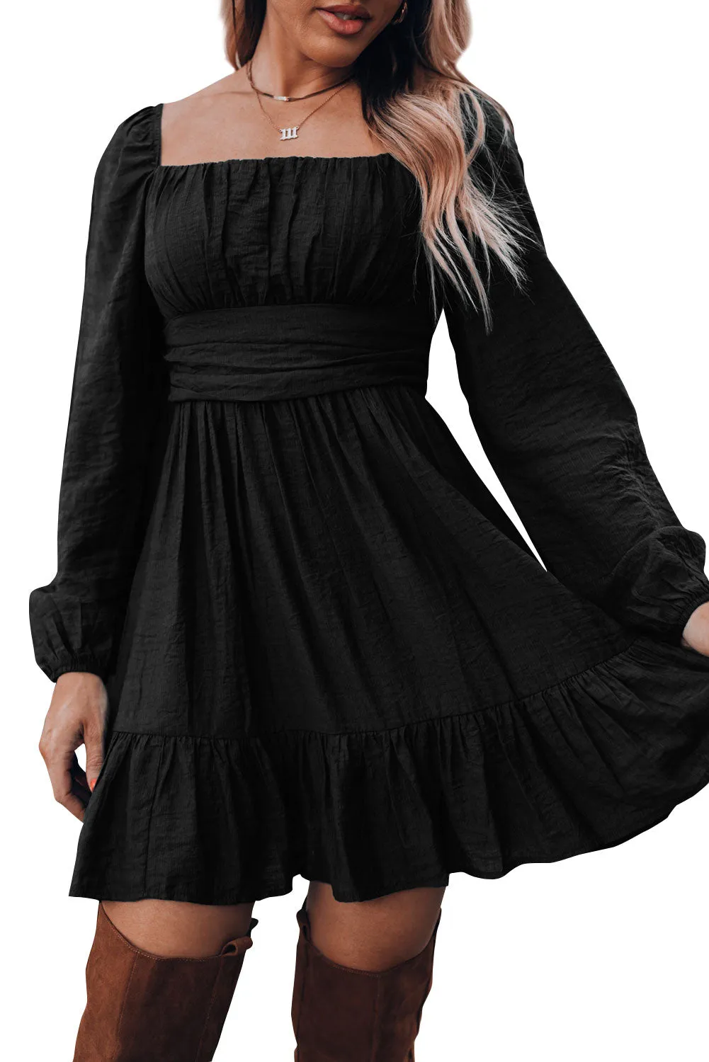 Black Solid Color Flounce Hem A -Line Square Neck Dress