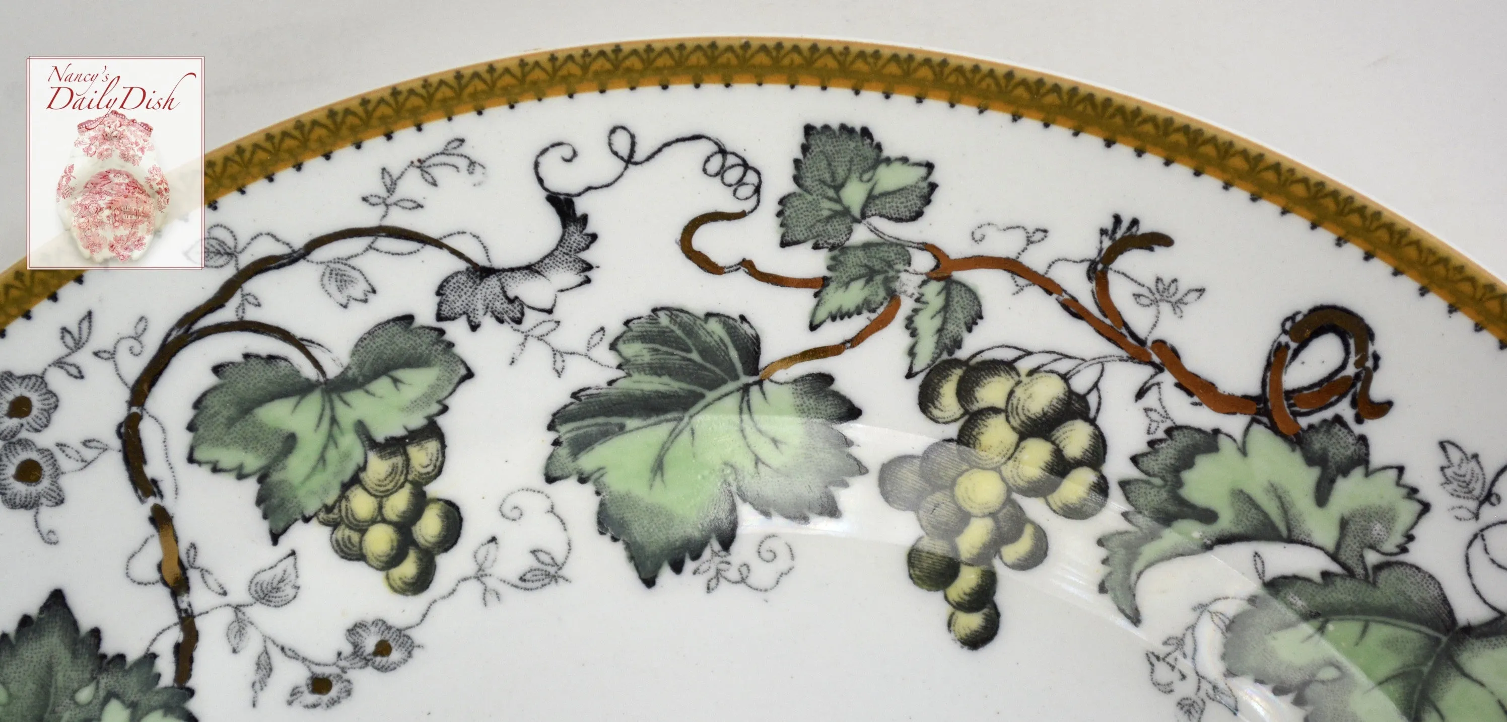 Black Transferware Hand Enameled Lustre Ware Plate Antique Wedgwood Vine Flowers