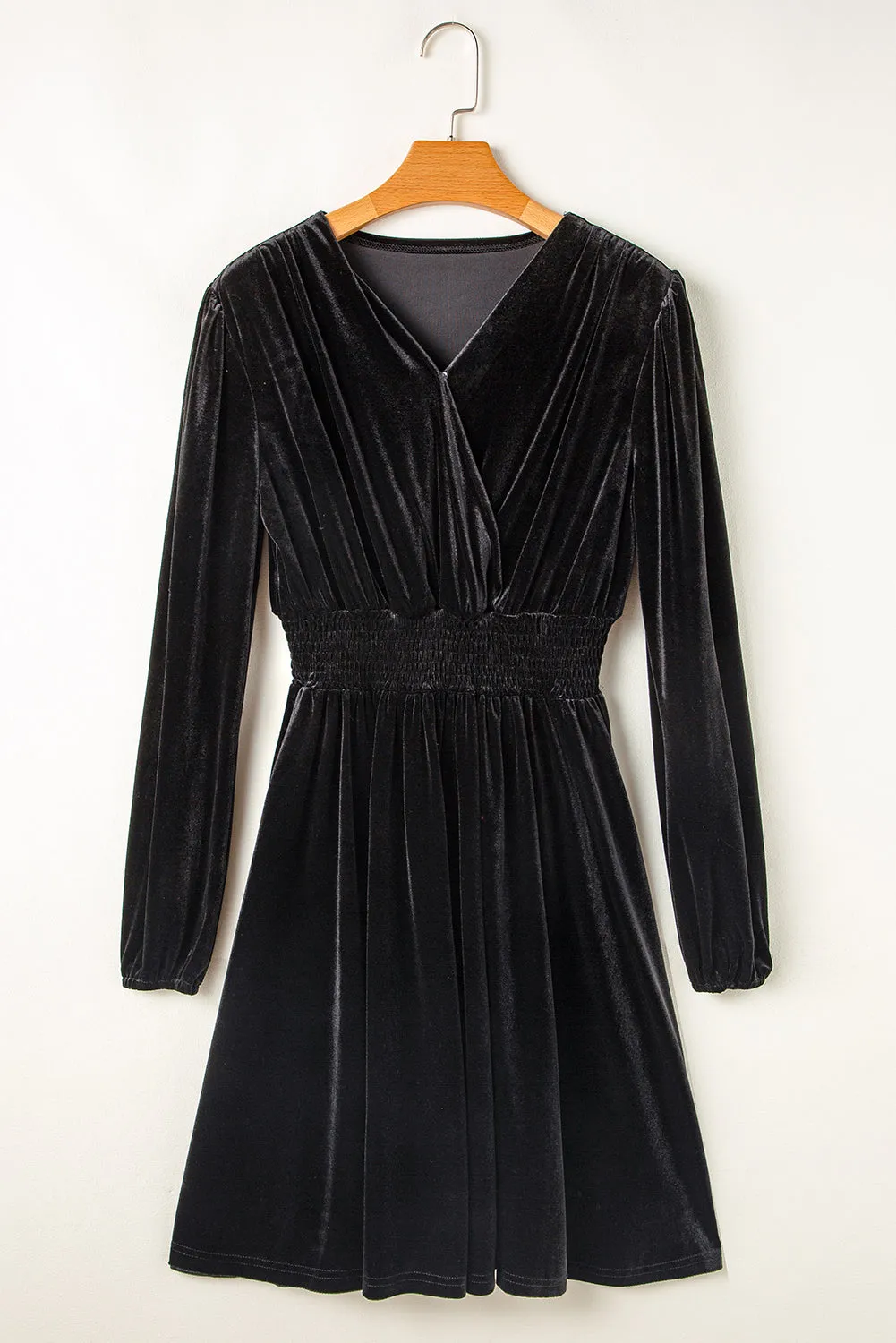 Black Velvet Long Sleeve Surplice High Waist Mini Dress