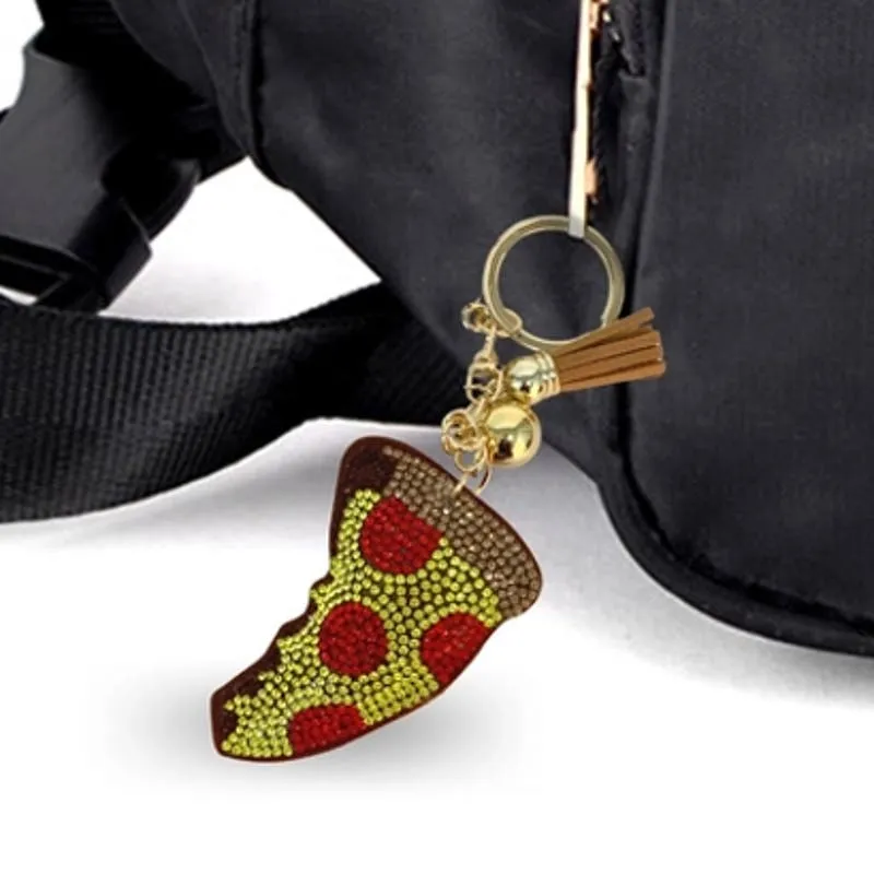 Bling Crystal Pepperoni Pizza Tassel Keychain Keyring Bag Purse Charm