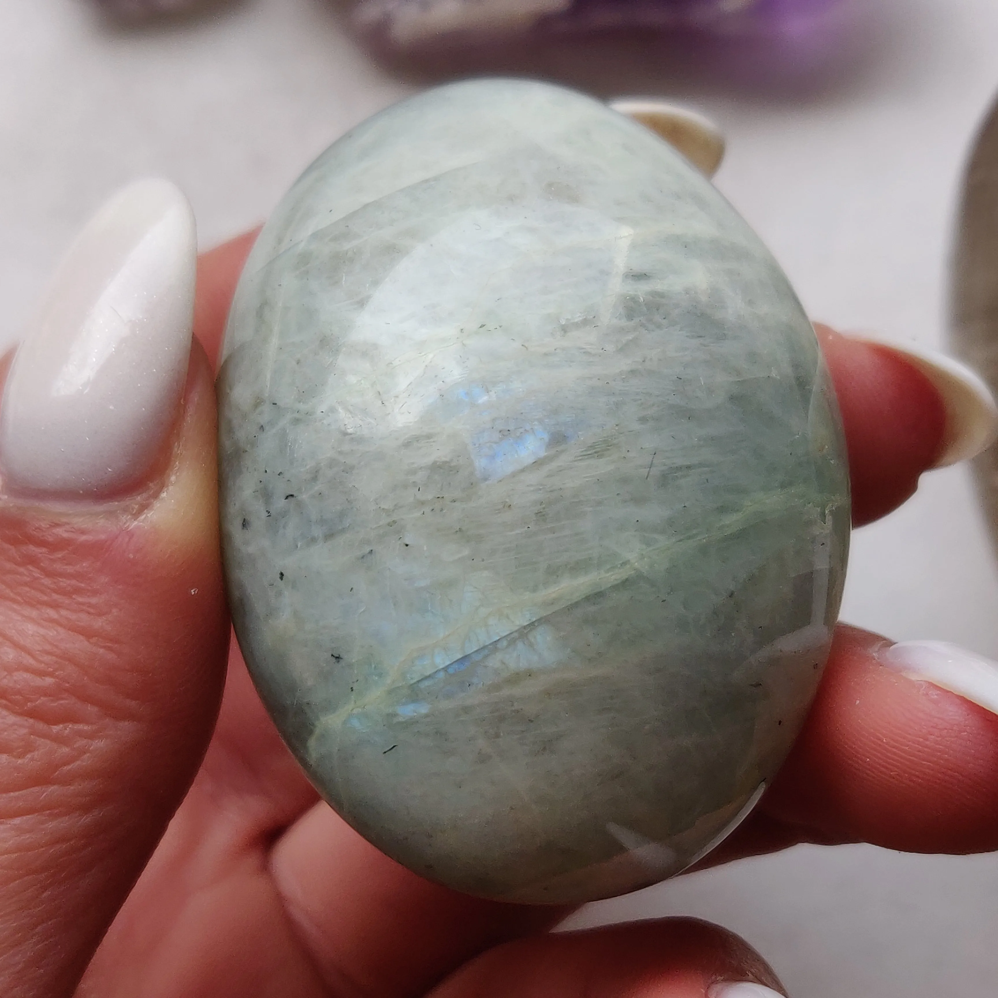 BLUE FLASH Garnierite Palm Stone (#6)