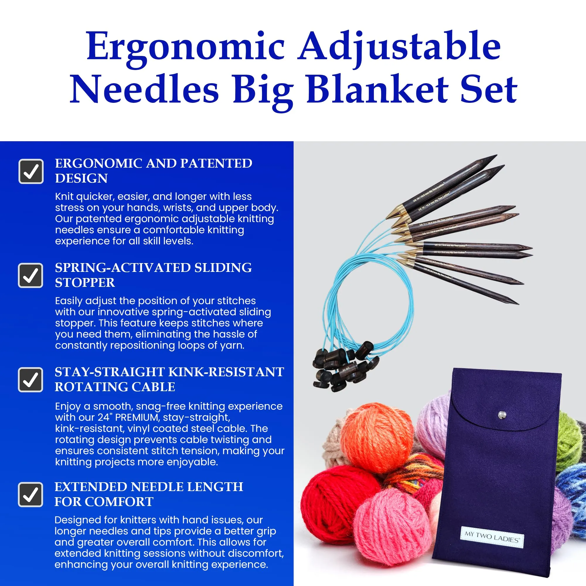 Blue Silk | Big Blanket Set | Adjustable Knitting Needles | 4 Sizes | US13, US15, US17, US19 | w/custom case