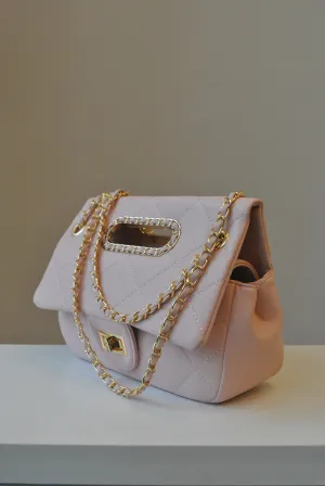 BLUSH PINK CUTOFF CROSSBODY BAG WITH GOLD CHAIN