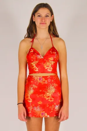 Bralette Crop Top - Red Satin with Flowers