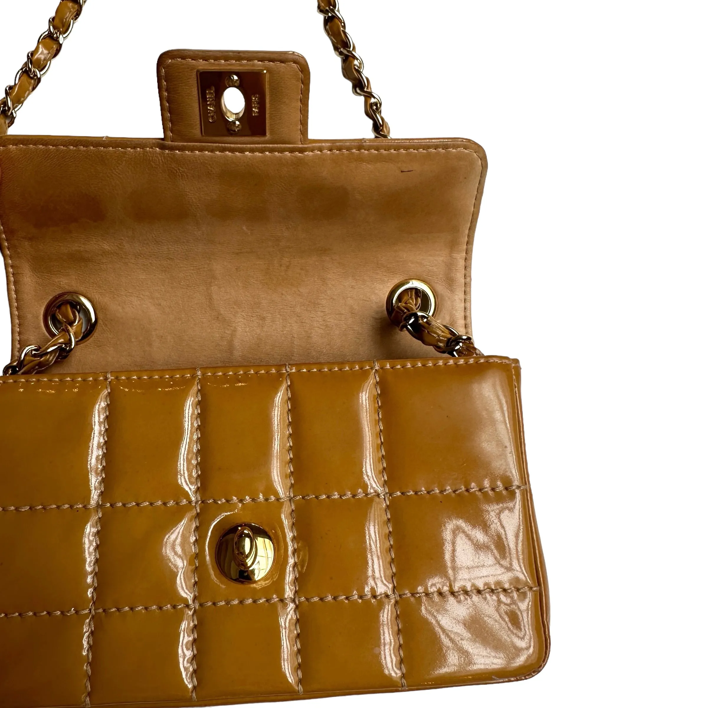 Brown Patent Leather Vintage Mini Flap Bag