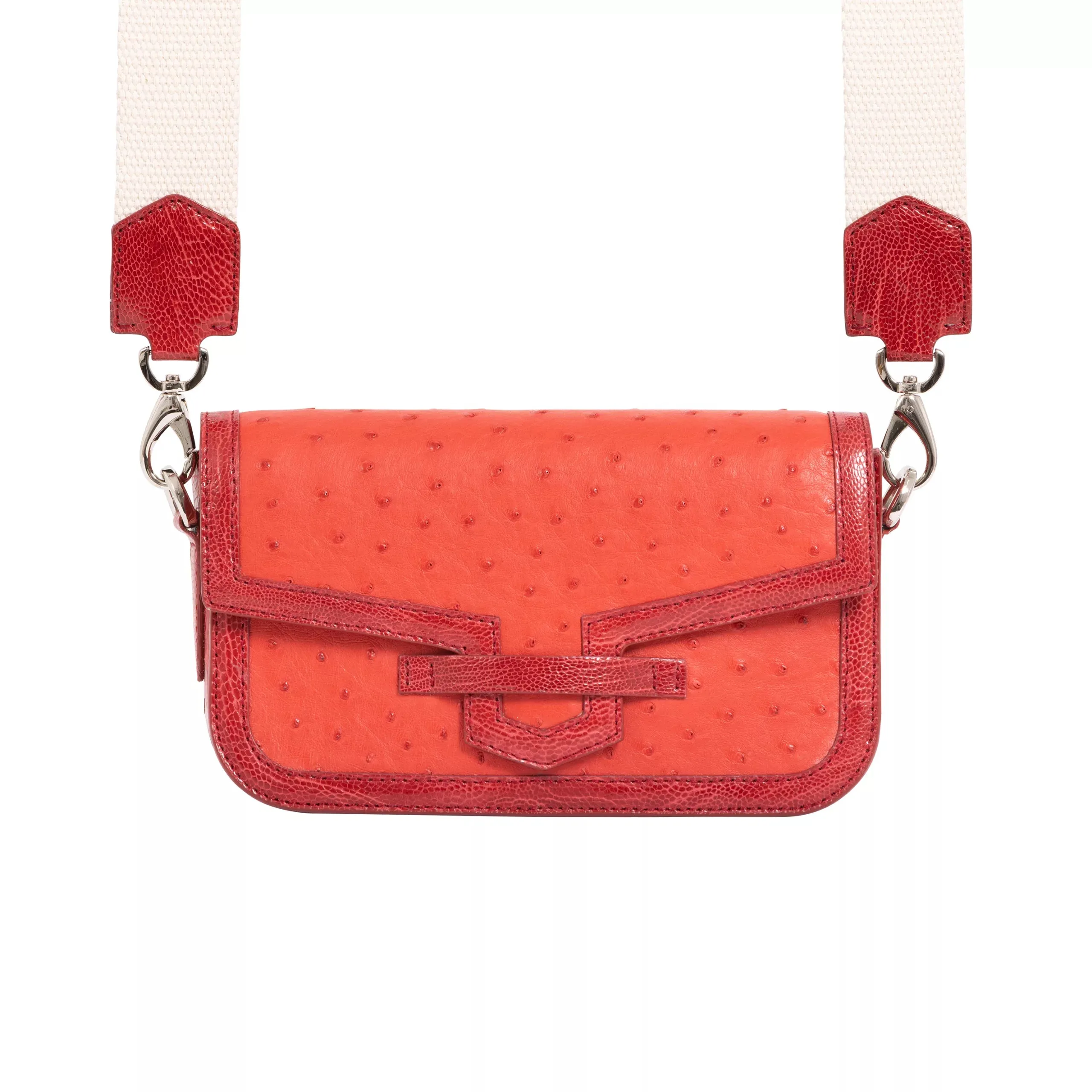 Caia Crossbody in Scarlet Red Ostrich & Flame Red Ostrich Leg Trim by Cape Cobra