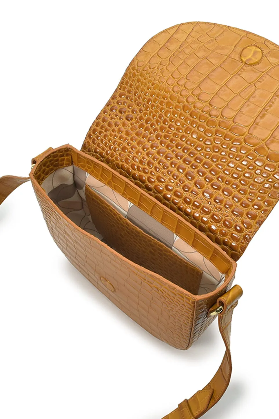 Camel coconut engraved leather flap crossbody bag