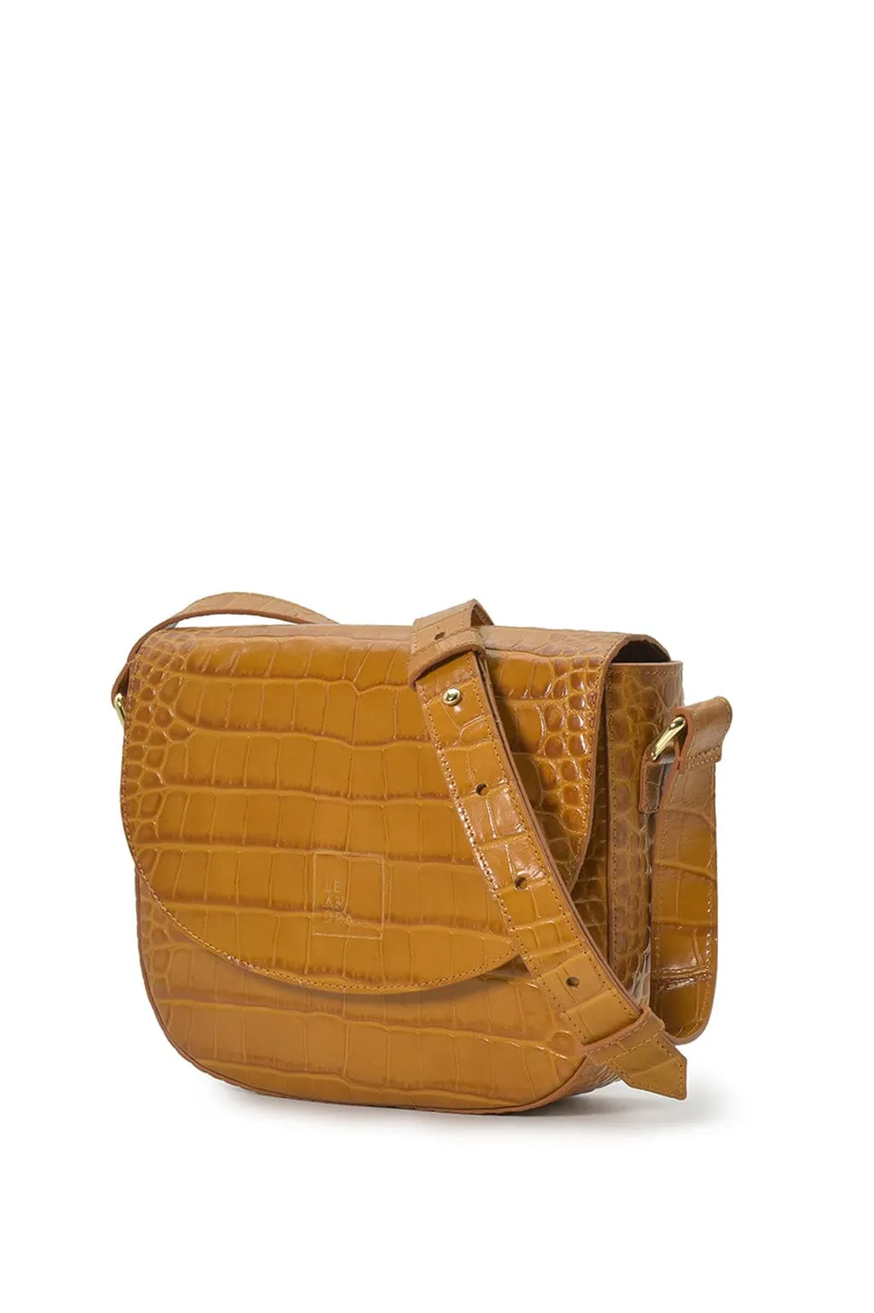 Camel coconut engraved leather flap crossbody bag