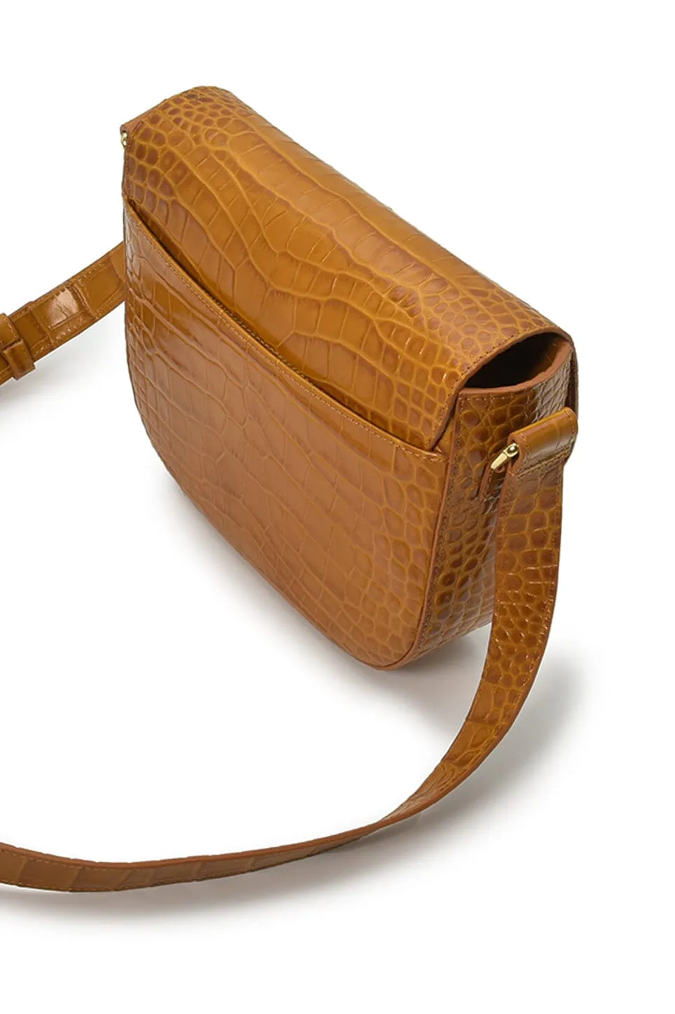 Camel coconut engraved leather flap crossbody bag