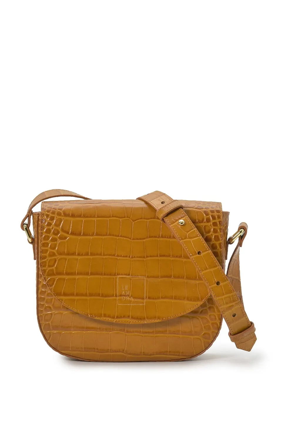 Camel coconut engraved leather flap crossbody bag