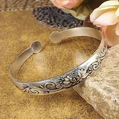 Carved Lotus Flower Adjustable Bangle