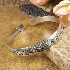 Carved Lotus Flower Adjustable Bangle