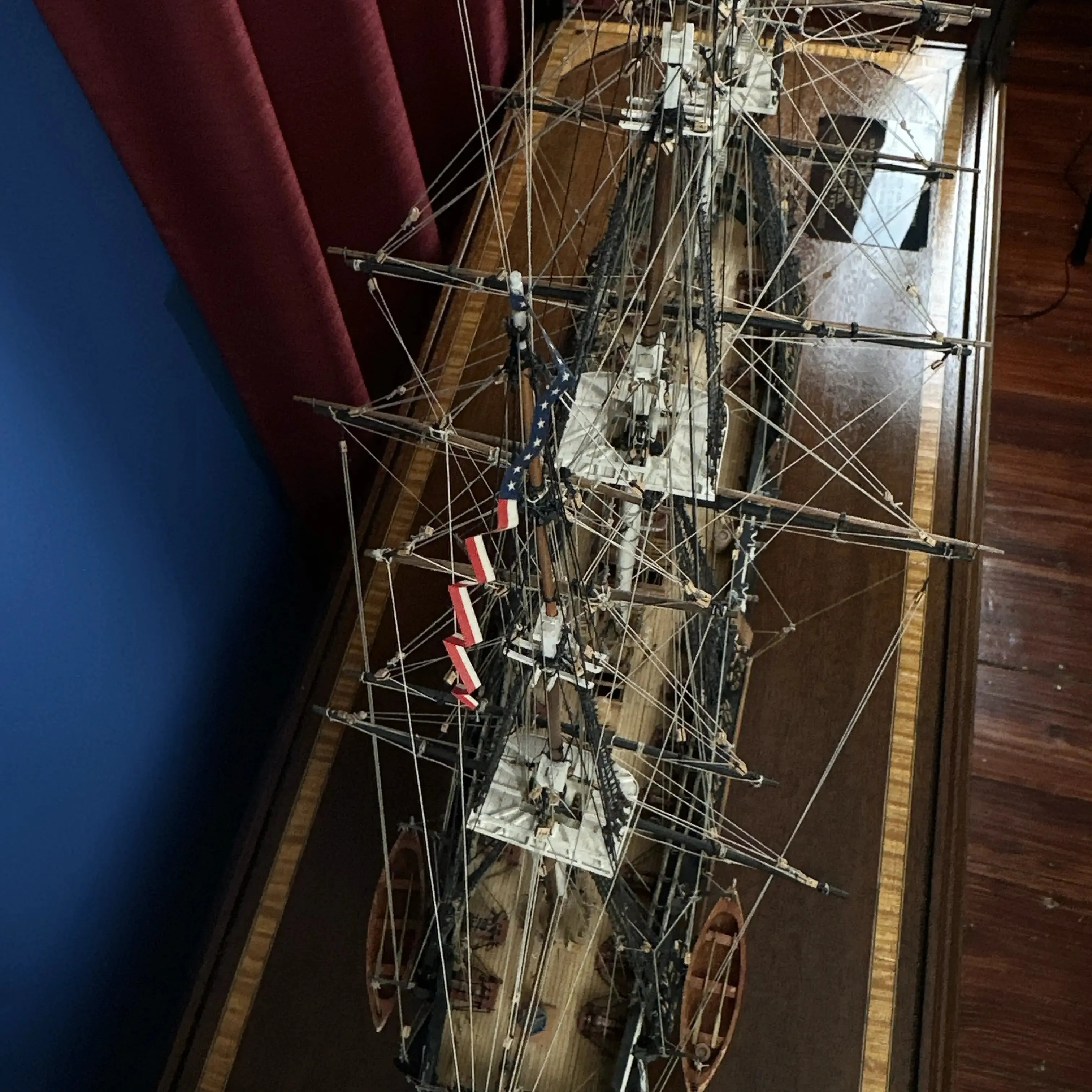 Cased USS Constitution Ship Model from Lannan Ship Model Gallery — with marquetry inlay table