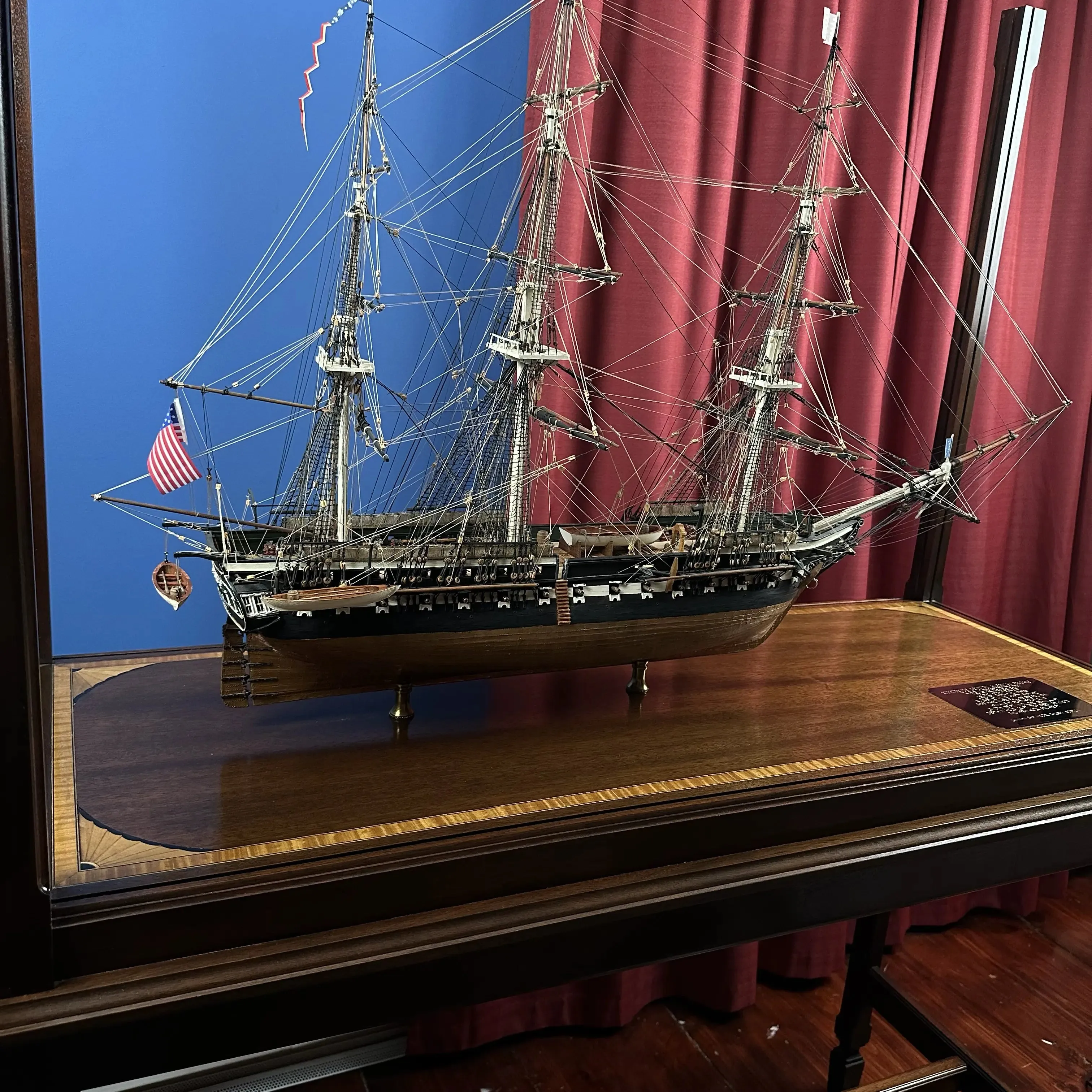 Cased USS Constitution Ship Model from Lannan Ship Model Gallery — with marquetry inlay table