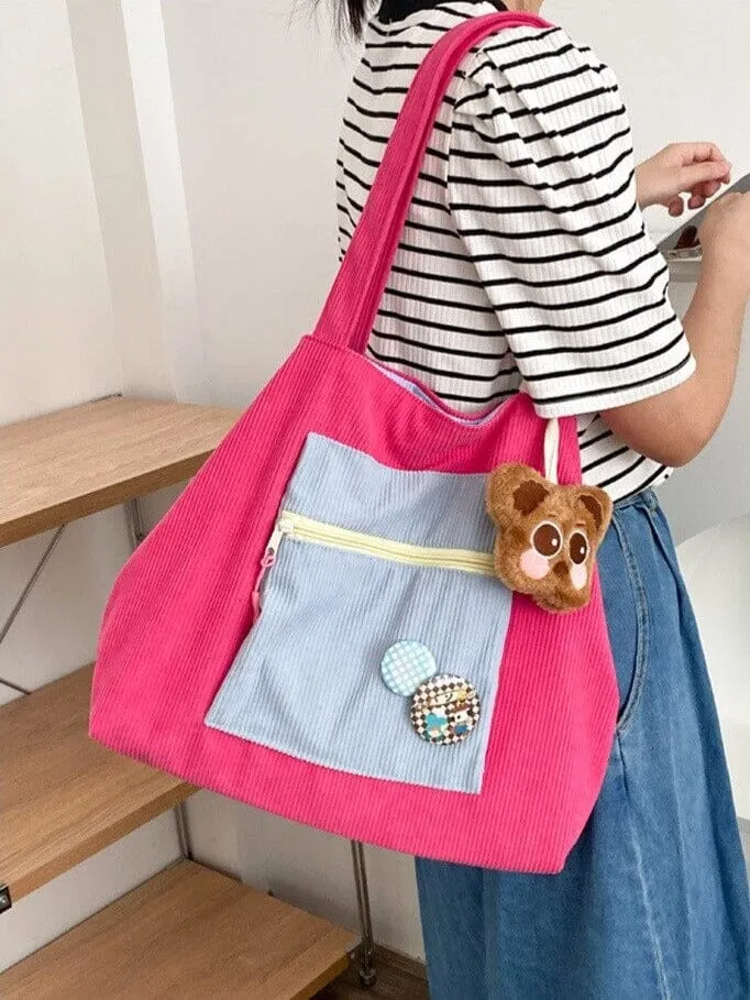 Casually Cute Colorblock Corduroy Shoulder Bag