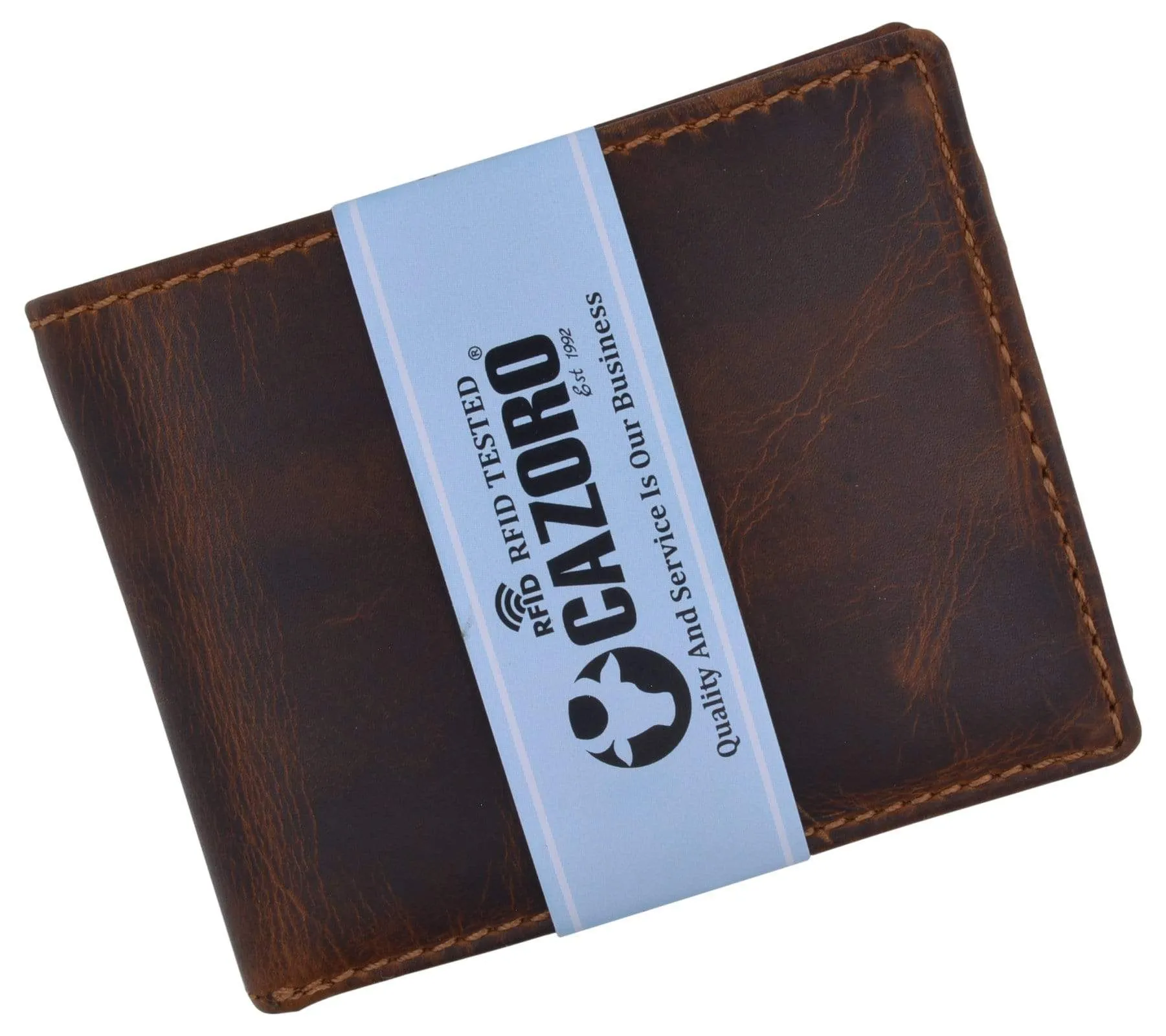 Cazoro Mens Distress Vintage Leather RFID Tested Credit Card ID Bifold Wallet