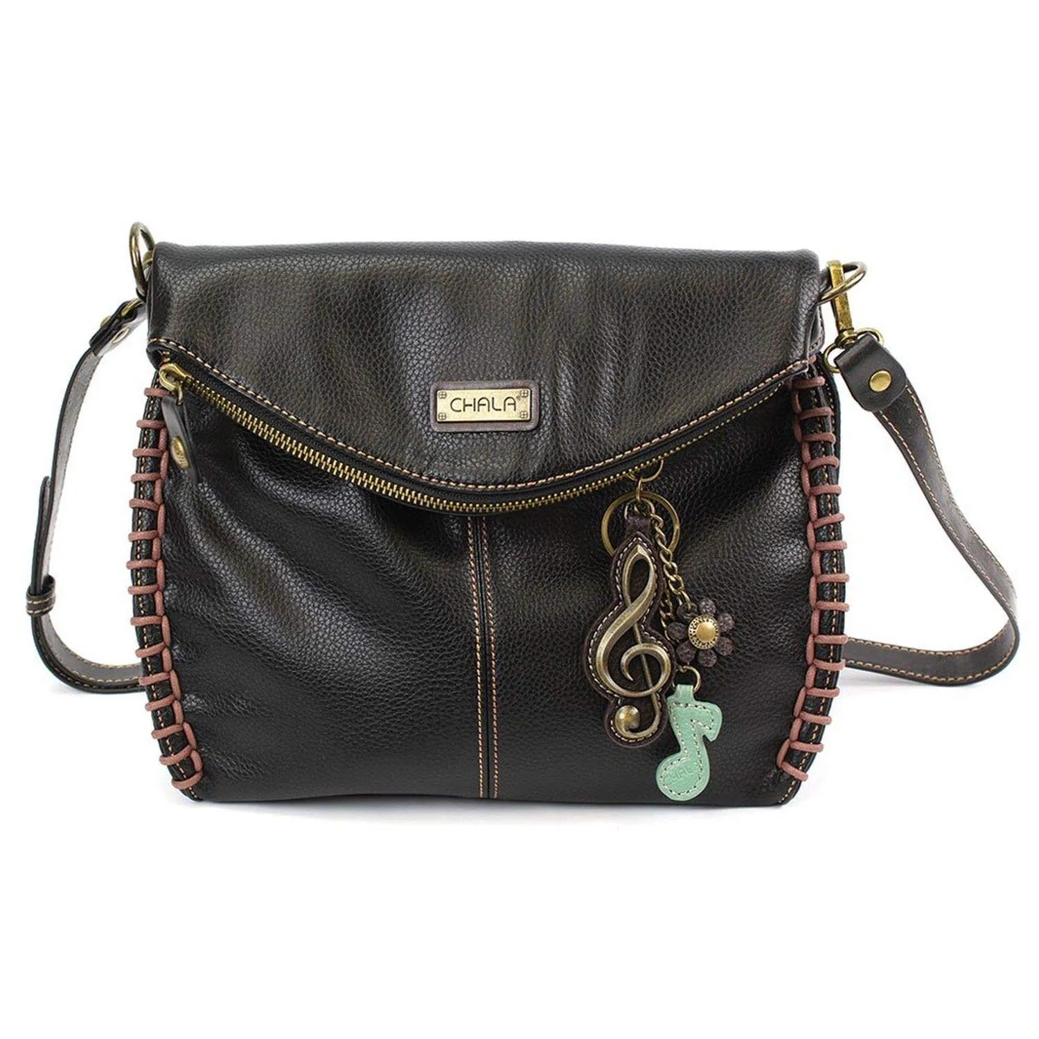 Chala Charming Crossbody Bag with Zipper Flap Top and Metal Chain - Dark Brown