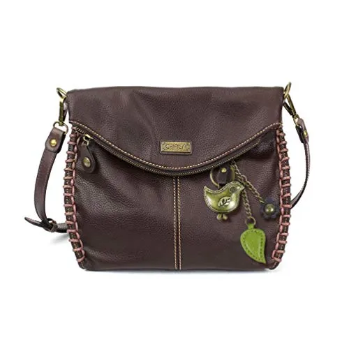 Chala Charming Crossbody Bag with Zipper Flap Top and Metal Chain - Dark Brown