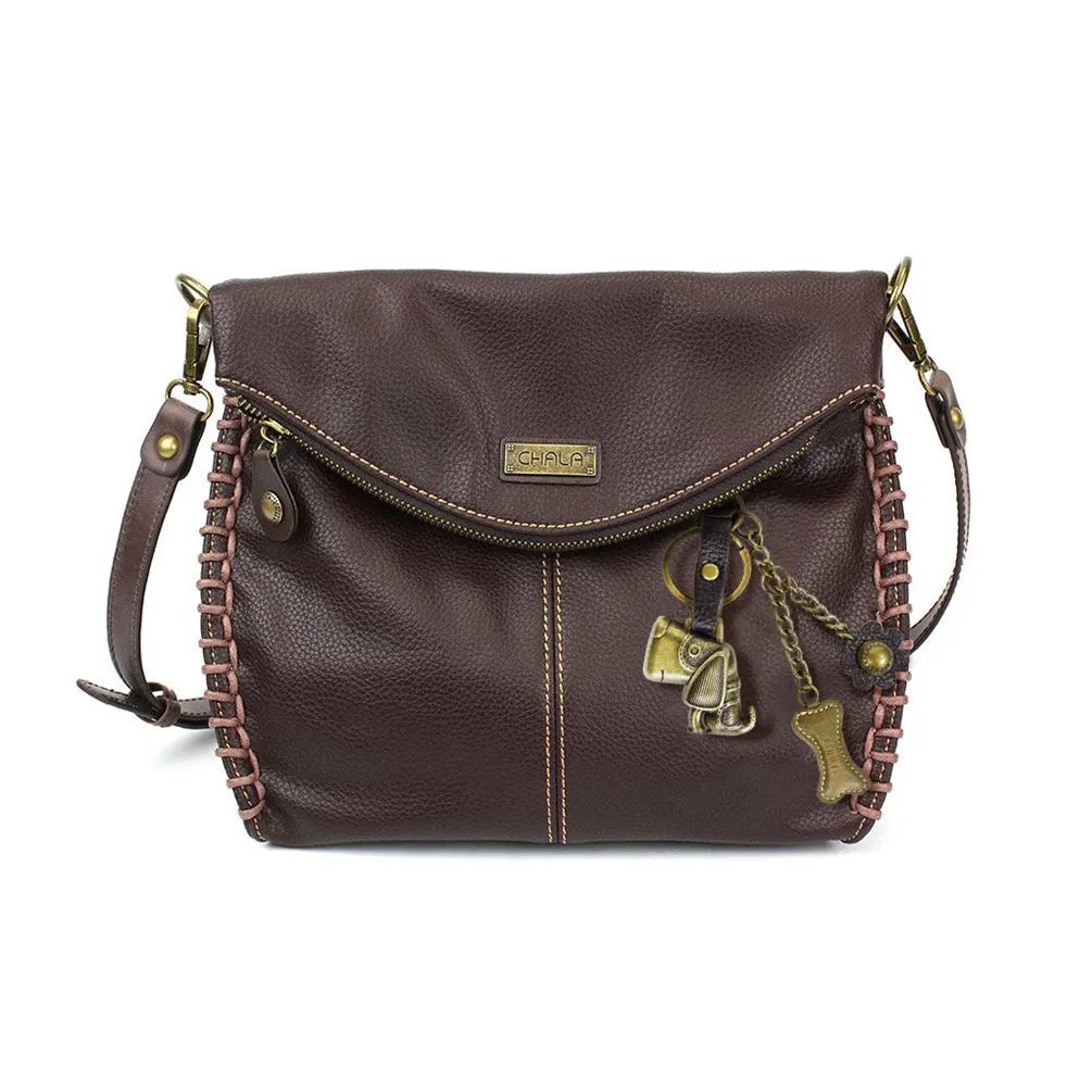 Chala Charming Crossbody Bag with Zipper Flap Top and Metal Chain - Dark Brown