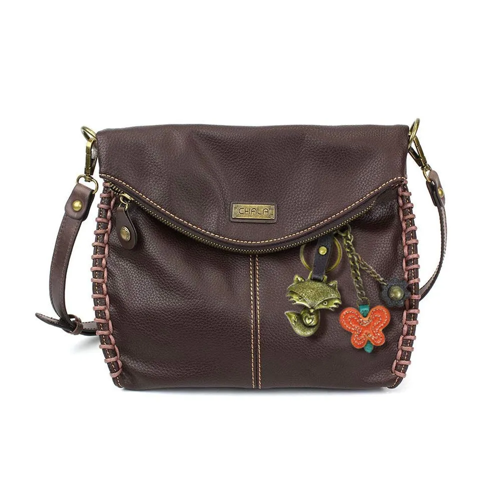 Chala Charming Crossbody Bag with Zipper Flap Top and Metal Chain - Dark Brown