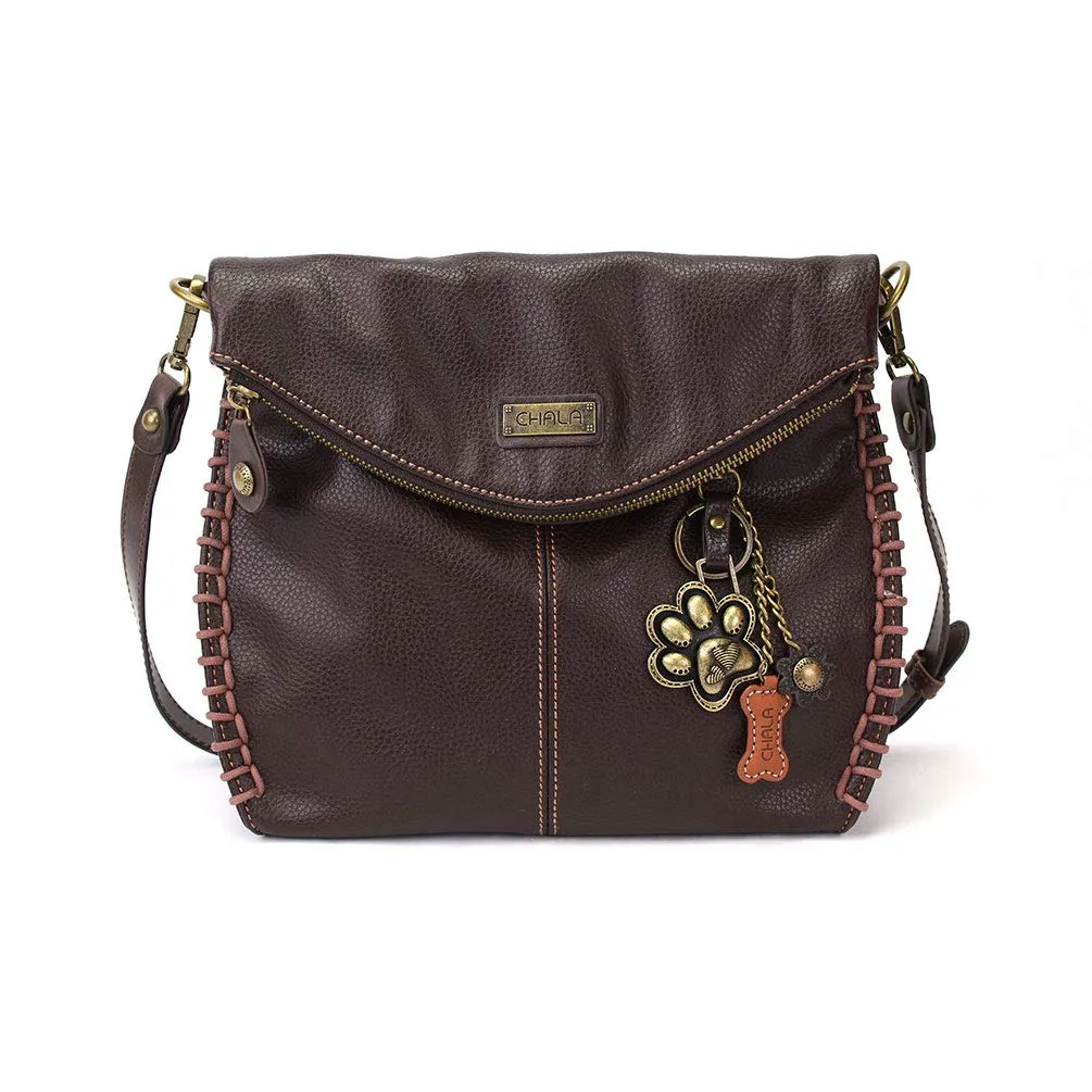 Chala Charming Crossbody Bag with Zipper Flap Top and Metal Chain - Dark Brown