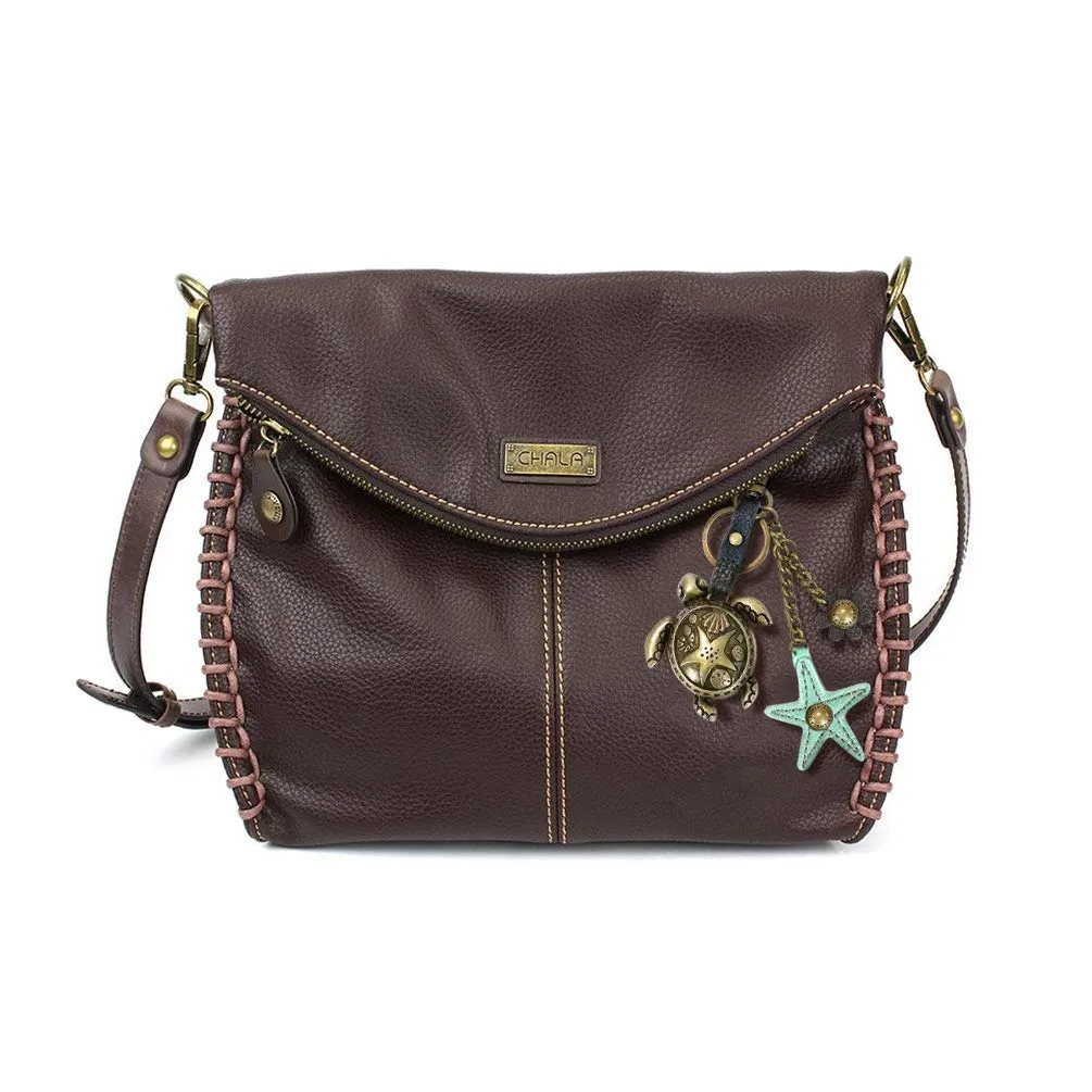 Chala Charming Crossbody Bag with Zipper Flap Top and Metal Chain - Dark Brown