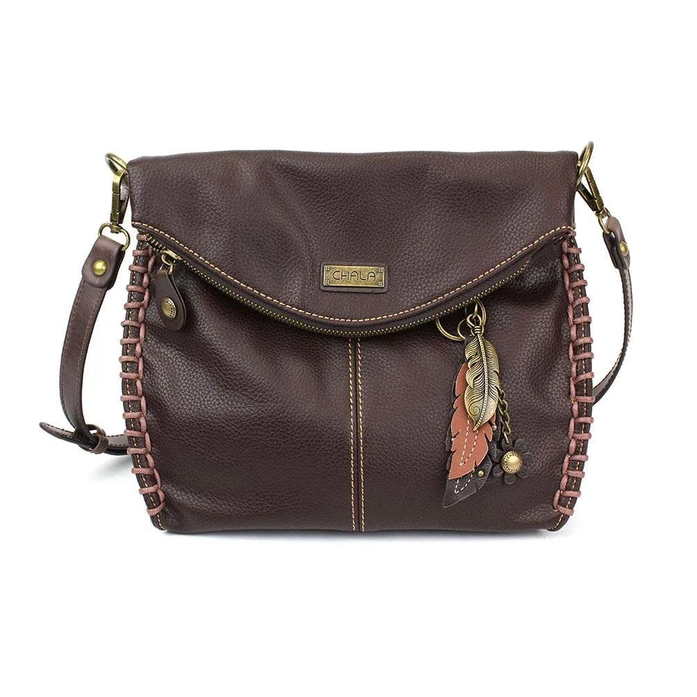 Chala Charming Crossbody Bag with Zipper Flap Top and Metal Chain - Dark Brown