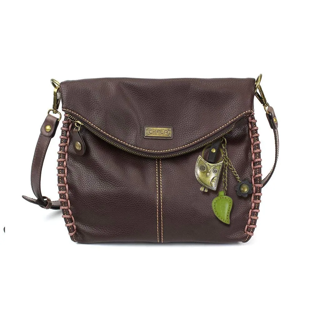 Chala Charming Crossbody Bag with Zipper Flap Top and Metal Chain - Dark Brown