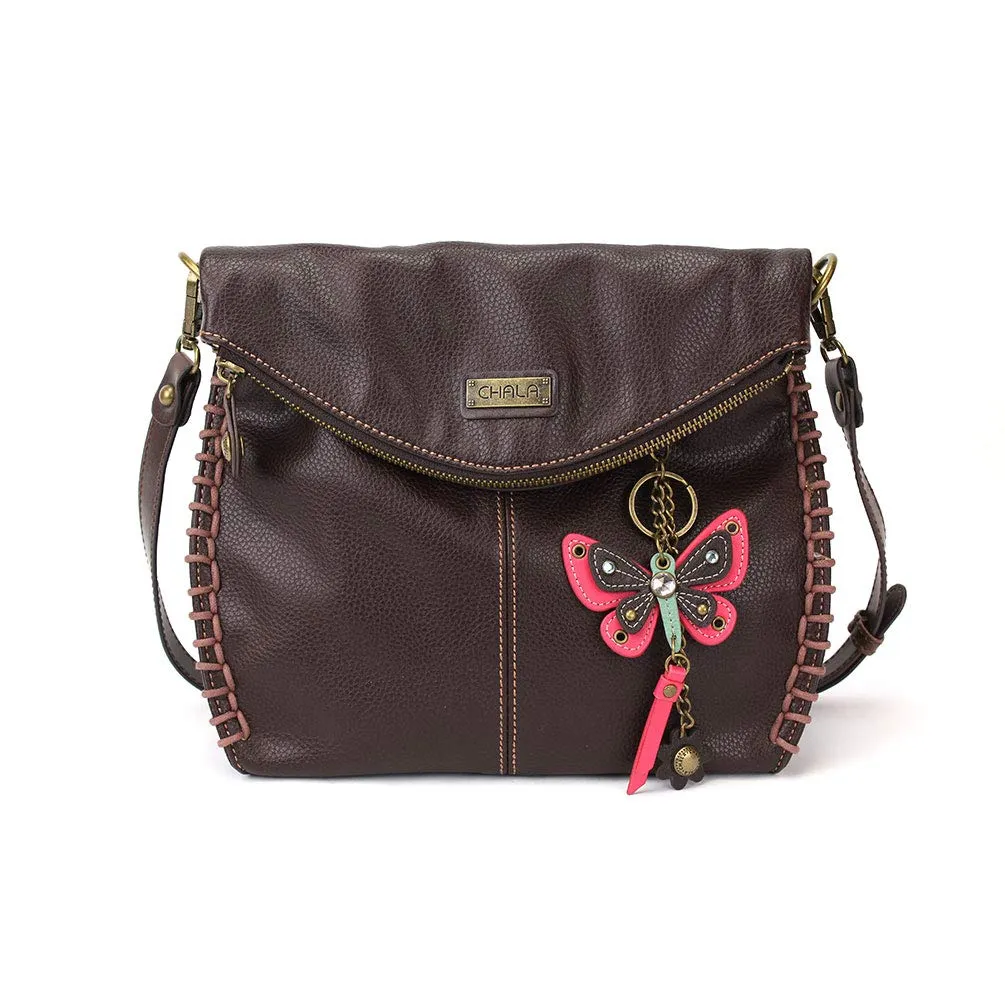 Chala Charming Crossbody Bag with Zipper Flap Top and Metal Chain - Dark Brown