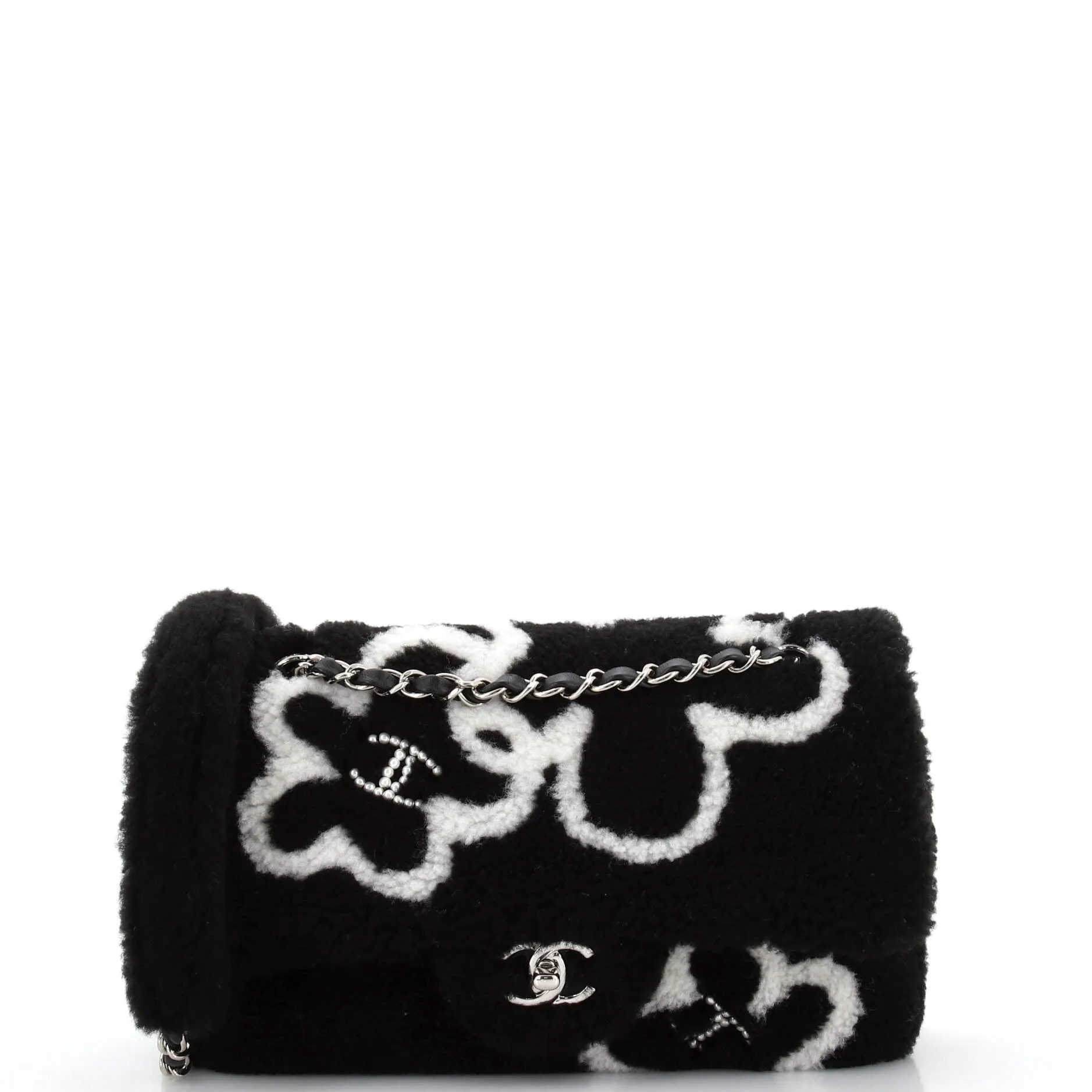 CHANEL Classic Single Flap Bag Pearl Embellished Shearling Jumbo