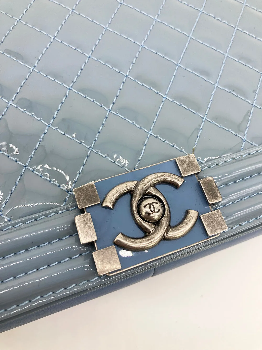 Chanel Light Blue Patent Large Boy Bag