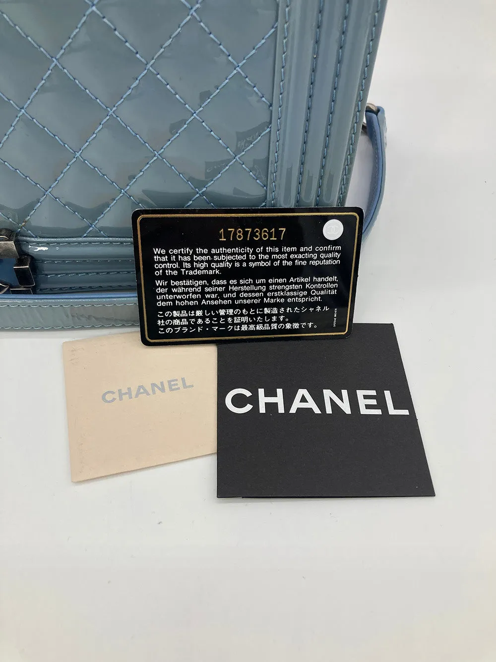 Chanel Light Blue Patent Large Boy Bag