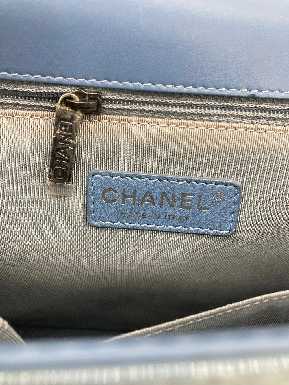 Chanel Light Blue Patent Large Boy Bag