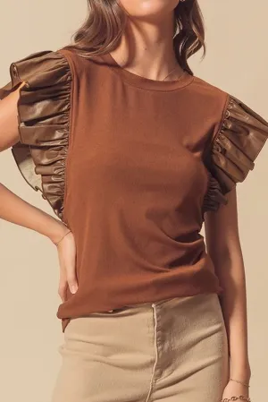 Cinnamon Leather Ruffle Shoulder Blouse