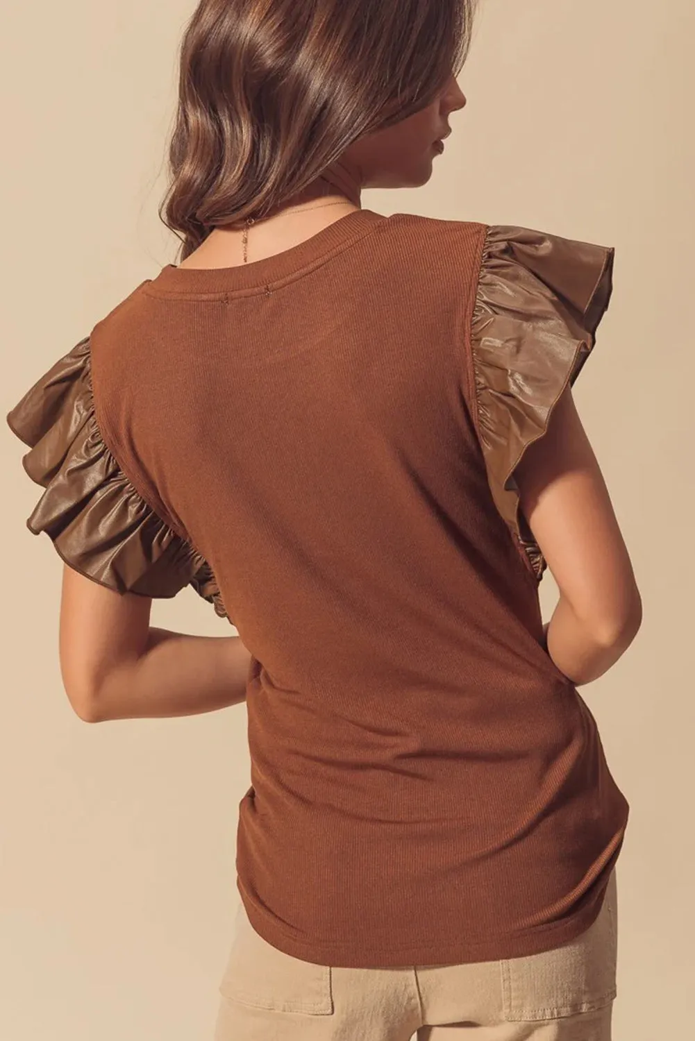 Cinnamon Leather Ruffle Shoulder Blouse