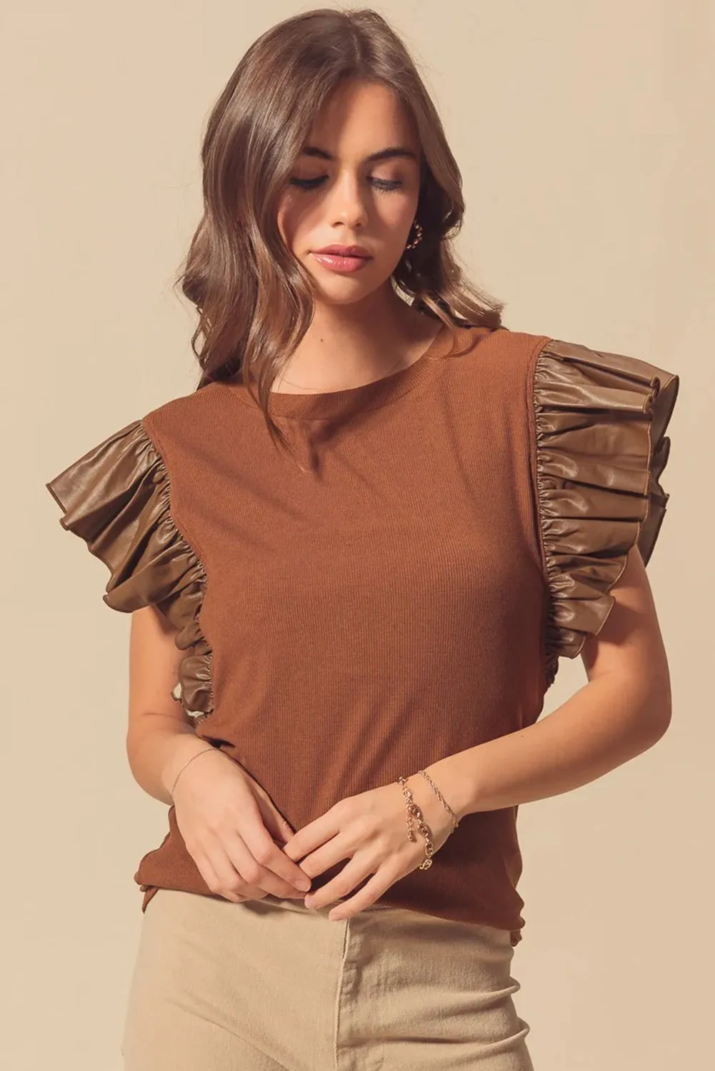 Cinnamon Leather Ruffle Shoulder Blouse