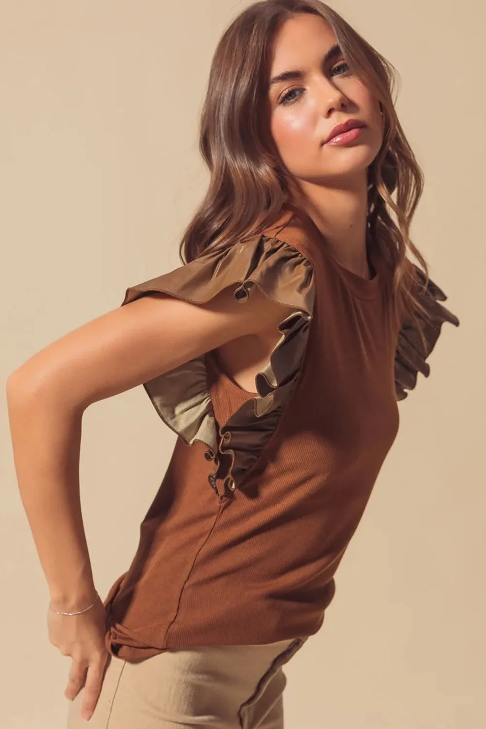 Cinnamon Leather Ruffle Shoulder Blouse