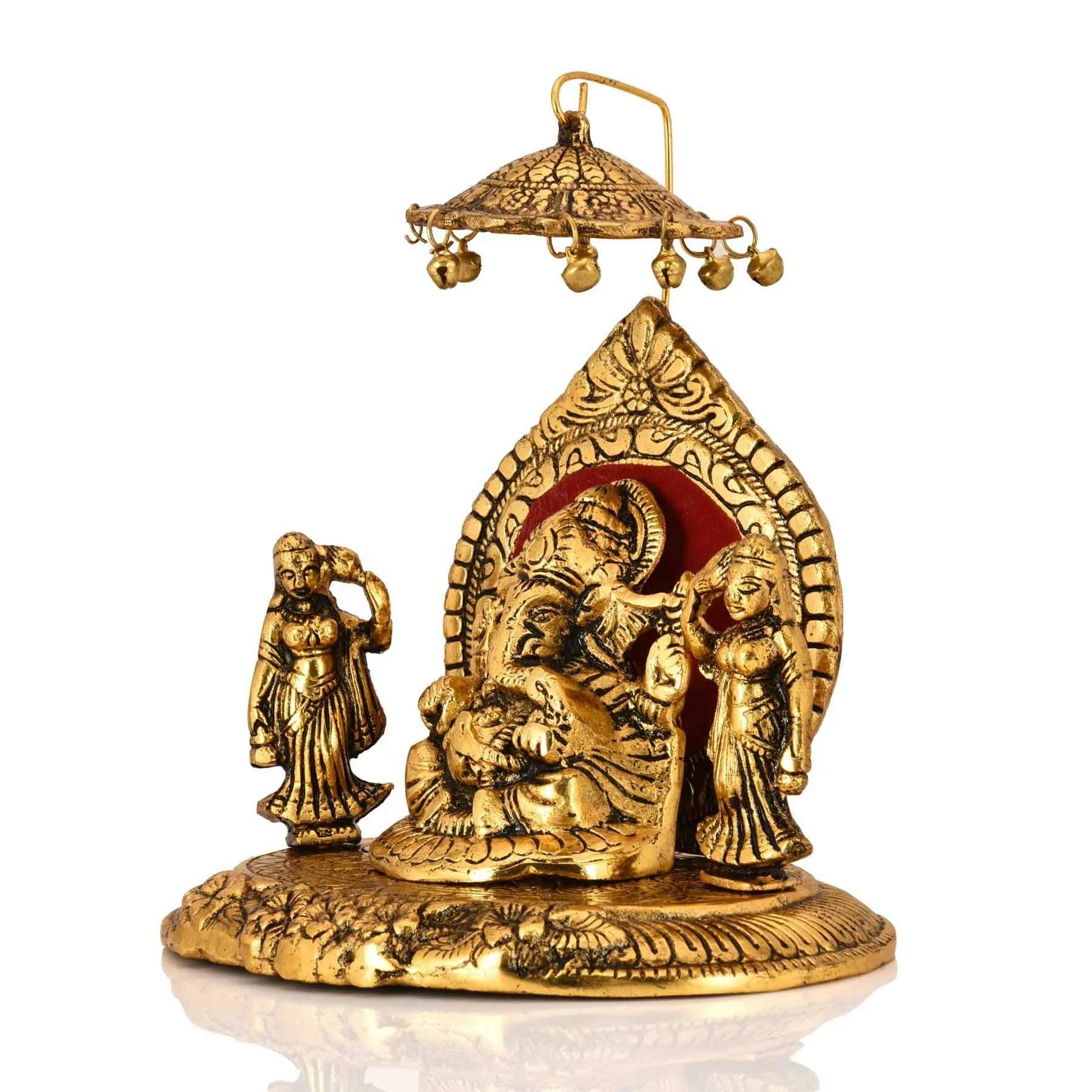 Collectible India Metal Lord Ganesha Riddhi Siddhi Chhatra Statue God Ganesh Ganpati Sitting Idol Sculpture Good Luck & Success for Home Gifts Decor(Size: 7.5 x 6 Inches)