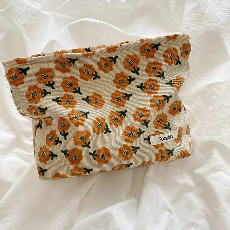 Corduroy Makeup Bag Organizer Clutch Retro Flower Print Cosmetic Bag Travel Make Up Pouch Beauty Storage Cases