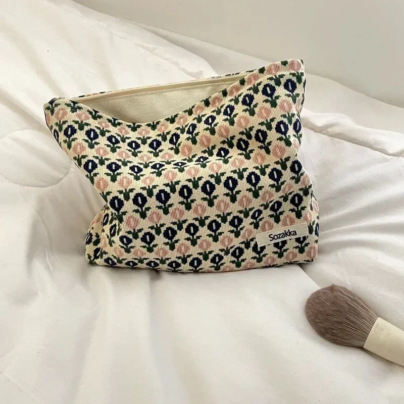 Corduroy Makeup Bag Organizer Clutch Retro Flower Print Cosmetic Bag Travel Make Up Pouch Beauty Storage Cases